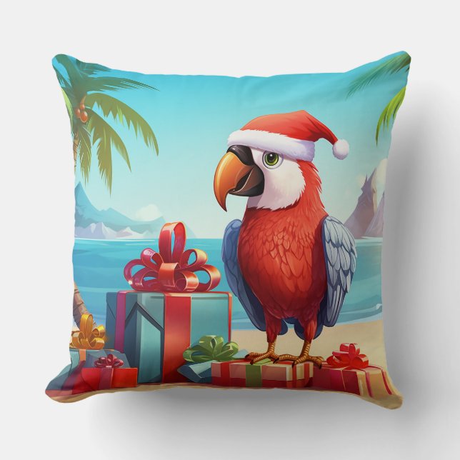 Cojín Decorativo Navidades Cute Santa Parrot Tropical Beach (Anverso)