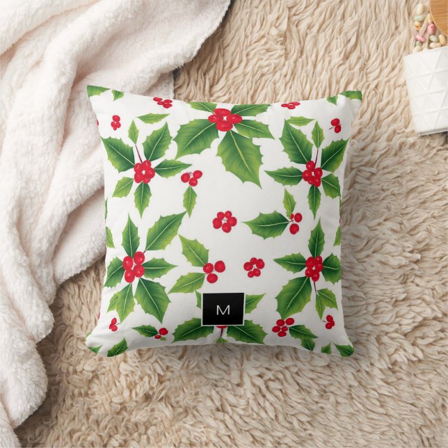 Cojín Decorativo Navidades de acuarela holly berries monogramados (Manta)