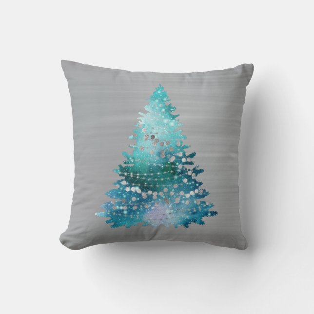 Cojín Decorativo Navidades de árbol de Purpurina plateado Verde azu (Anverso)