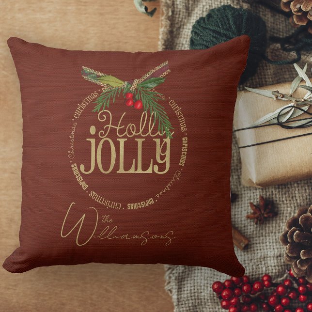 Cojín Decorativo Navidades De Burgundy Y Shimmering Holly Jolly (decorative Christmas couch throw pillow for living room)