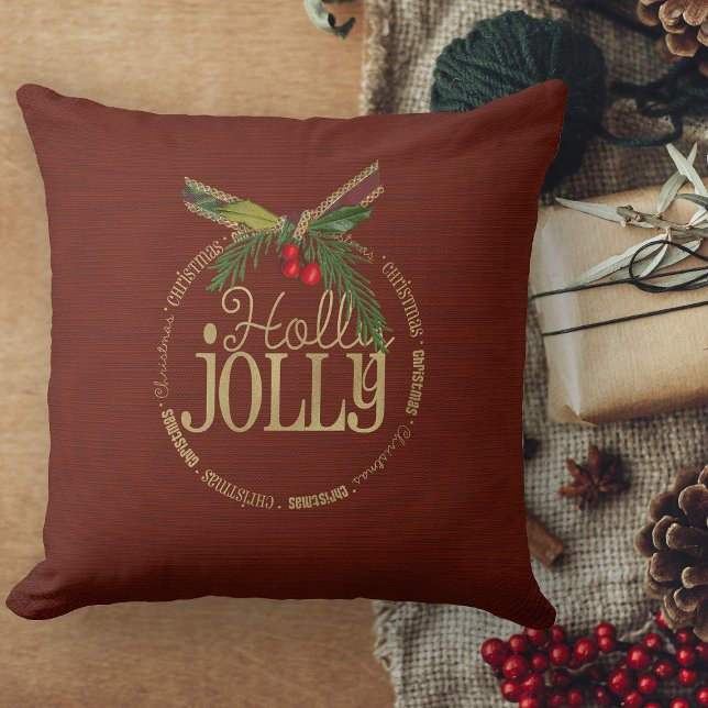 Cojín Decorativo Navidades De Burgundy Y Shimmering Holly Jolly (red and gold holly jolly christmas pillow with holly and gold text)