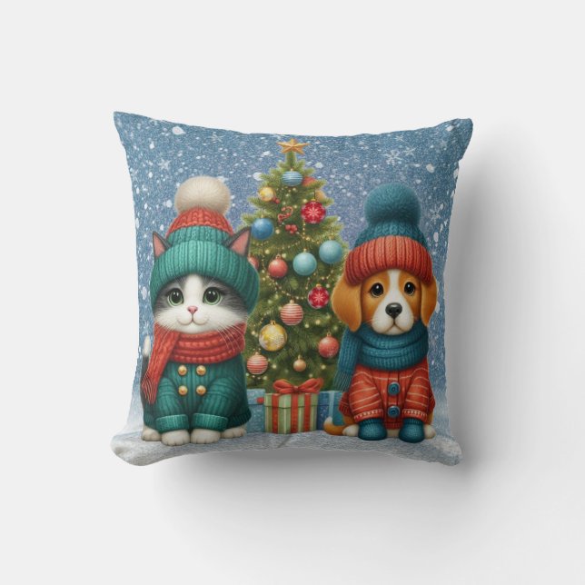 Cojín Decorativo Navidades de cachorro y gatito (Anverso)
