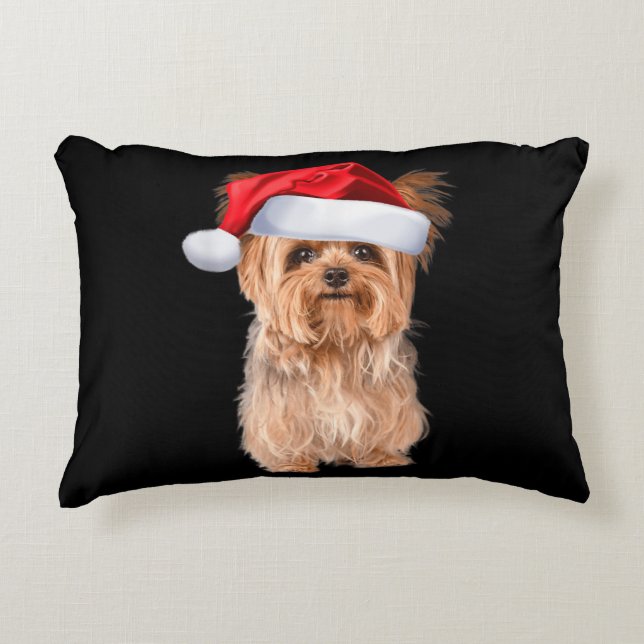 Cojín Decorativo Navidades de Cute Yorkshire Terrier Santa Puppy (Anverso)