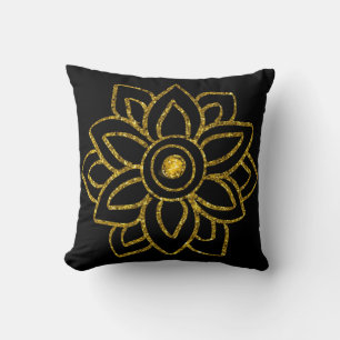 Cojín Decorativo Navidades de flores de oro Poinsettia sobre negro
