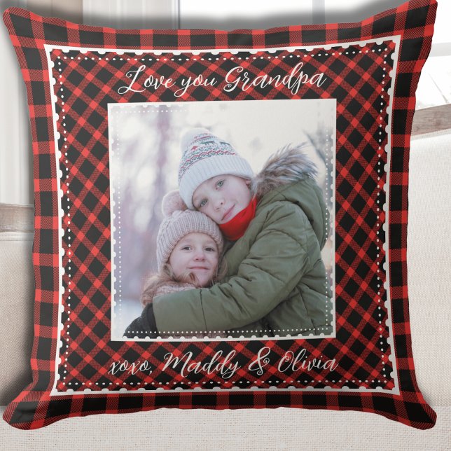 Cojín Decorativo Navidades de foto del abuelo colocados (Grandpa Red Buffalo Plaid Christmas Holiday Throw Pillow)