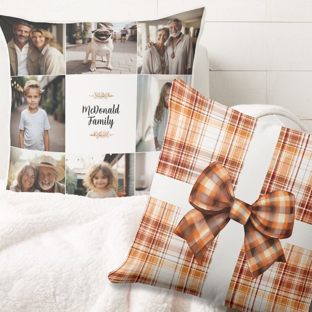 Cojín Decorativo Navidades de fotografía de nombre familiar Naranja (Family Name Photo Christmas Vintage Rustic rust Orange brown Pillow farmhouse rustic rural boho)