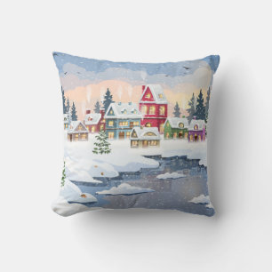 Cojín Decorativo Navidades de invierno con casa cubierta de nieve