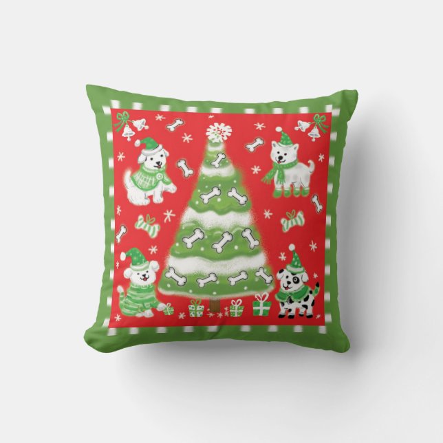 Cojín Decorativo Navidades de Perros de Cachorro Retro (Anverso)