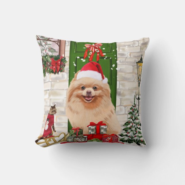 Cojín Decorativo Navidades de perros de Pomerania (Anverso)