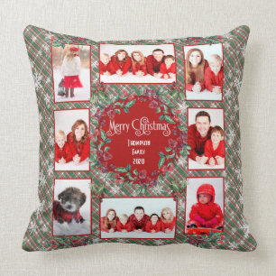 Cojín Decorativo Navidades de plantilla fotográfica familiar rojo 