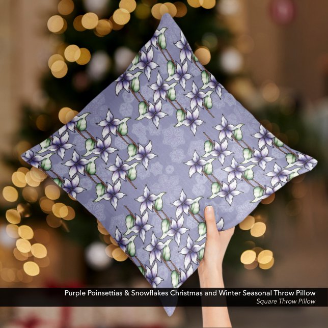 Cojín Decorativo Navidades de Poinsettias Púrpura y Copos de Nieve  (Purple Poinsettias & Snowflakes Christmas and Winter Season Throw Pillow)