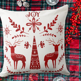 Cojín Decorativo Navidades de renos acuarela nórdica roja y blanca