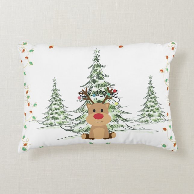 Cojín Decorativo Navidades de renos alumbran árboles de invierno (Anverso)