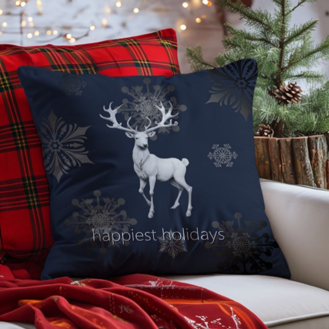 Cojín Decorativo Navidades de renos de marfil | Azul (Blue Ivory Reindeer Christmas Throw Pillow)
