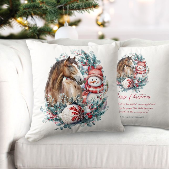 Cojín Decorativo Navidades de snowman de caballos desean una cita (Horse snowman Christmas pillow)
