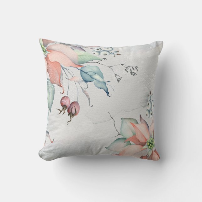 Cojín Decorativo Navidades de Watercolor Holly Berries y Poinsettia (Anverso)