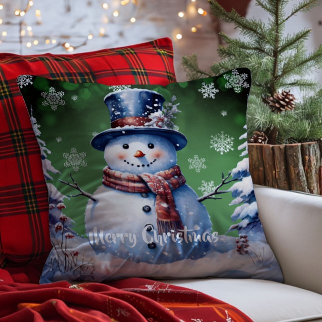 Cojín Decorativo Navidades de Winter Forest Snowman | Green (Green Winter Forest Snowman Christmas Throw Pillow)