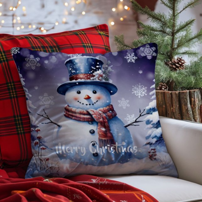 Cojín Decorativo Navidades de Winter Forest Snowman | Morado (Purple Winter Forest Snowman Christmas Throw Pillow)