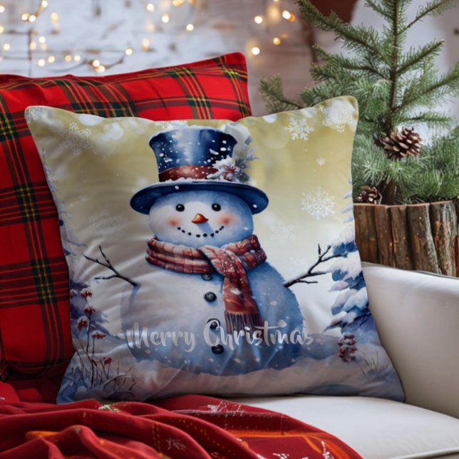 Cojín Decorativo Navidades de Winter Forest Snowman | Oro (Gold Winter Forest Snowman Christmas Throw Pillow)