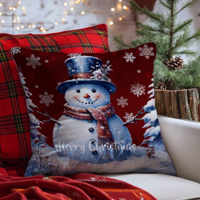 Cojín Decorativo Navidades de Winter Forest Snowman | Roja (Red Winter Forest Snowman Christmas Throw Pillow)
