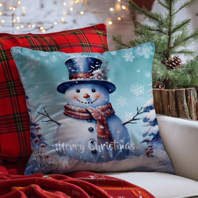 Cojín Decorativo Navidades de Winter Forest Snowman | Turquesa (Teal Winter Forest Snowman Christmas Throw Pillow)