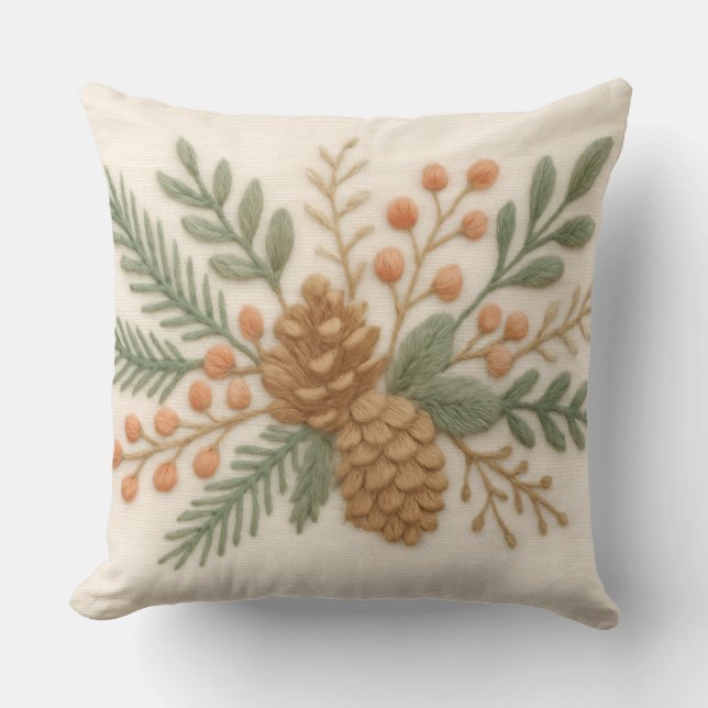 Cojín Decorativo Navidades del bordado Floral Sprig Pinecone Cream (Anverso)