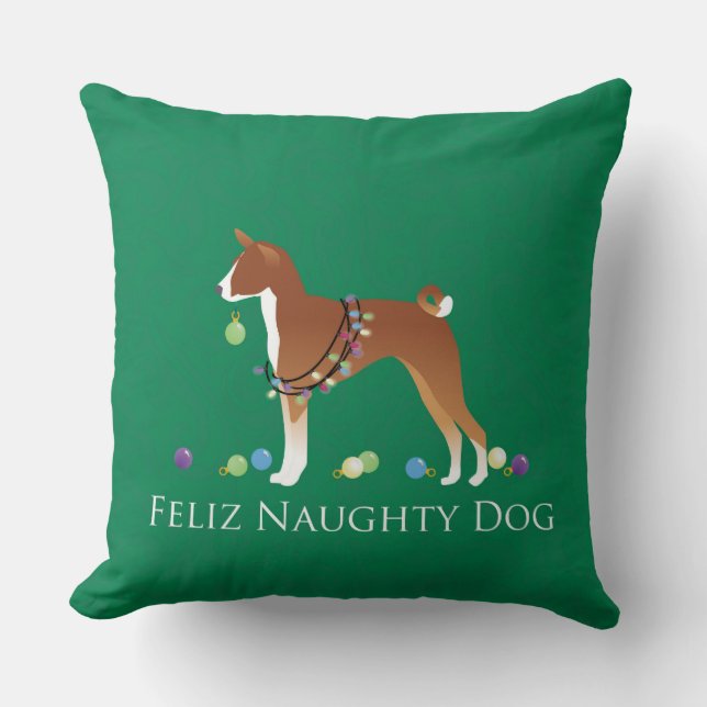 Cojín Decorativo Navidades del perro Basenji Feliz Naughty (Anverso)