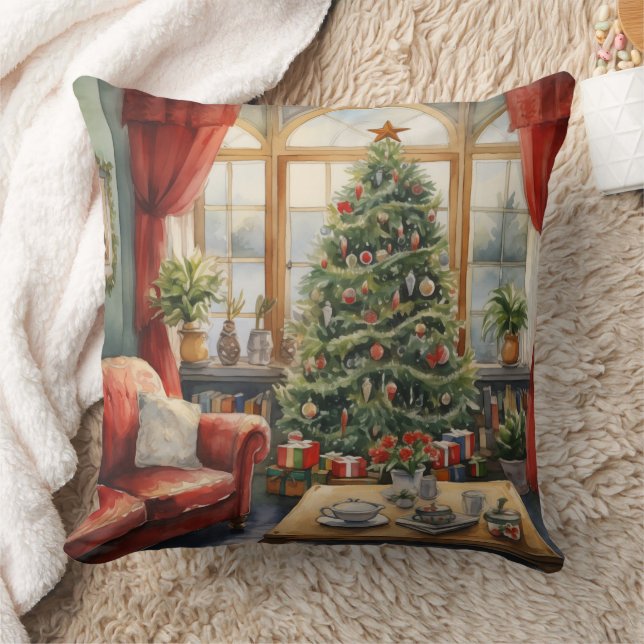 Cojín Decorativo Navidades del salón Ventana Árbol rojo (Manta)