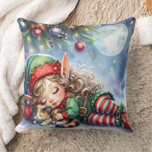 Cojín Decorativo Navidades durmientes Elf con Calico Kitten