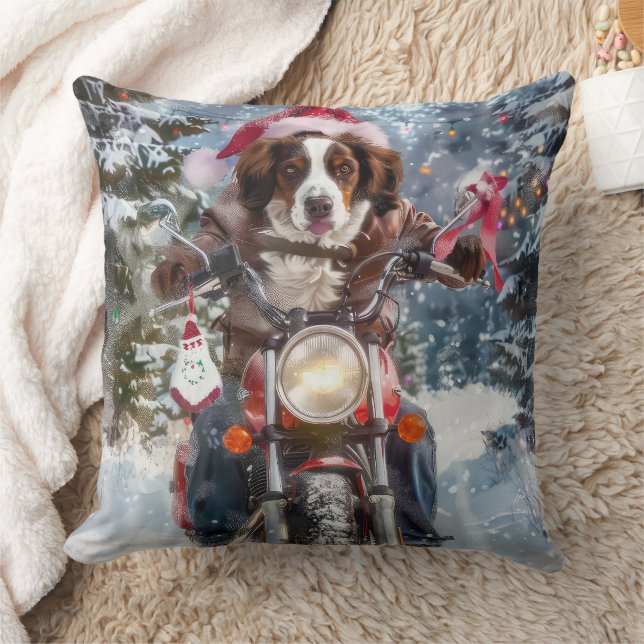 Cojín Decorativo Navidades en motocicleta de Brittany Spaniel (Manta)