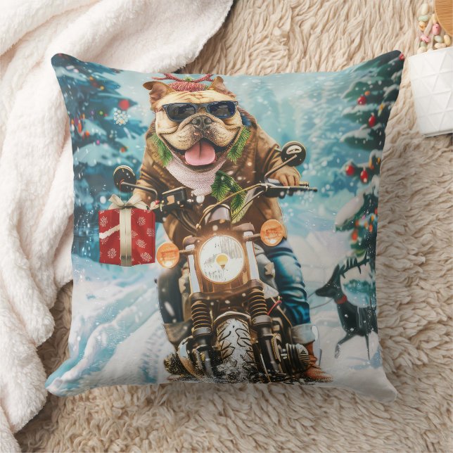 Cojín Decorativo Navidades en motocicleta de bulldog (Manta)