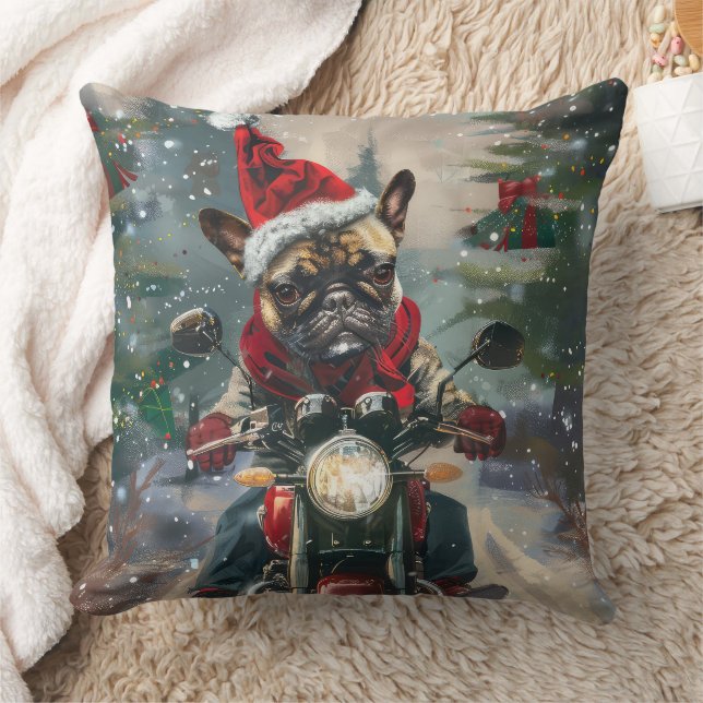 Cojín Decorativo Navidades en motocicleta de Bulldog francés (Manta)