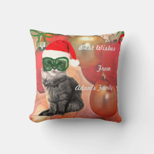 Cojín Decorativo Navidades Gato sobre fondo de burbujas