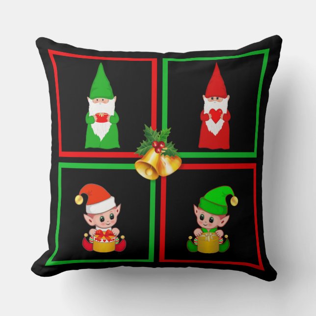Cojín Decorativo Navidades gnomos y elfos en negro, verde y rojo (Anverso)