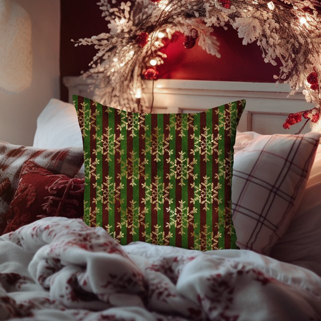 Cojín Decorativo Navidades Golden Snowflake Red Green Strike (Golden Snowflake Red Green Stripe Christmas Throw Pillow)