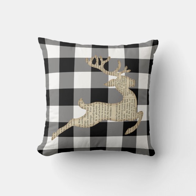 Cojín Decorativo Navidades Holiday Deer Black White Gingham (Anverso)