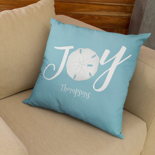 Cojín Decorativo Navidades Holiday Joy Beach Costa Turquesa (Christmas Holiday Joy typography custom throw pillow.)