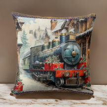 Navidades Holly Train Winter Snow Cushion