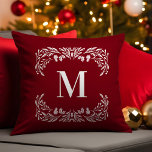 Cojín Decorativo Navidades Monograma de Foliage de Invierno Derivad<br><div class="desc">Este monograma Navidad tira almohada de invierno blanco dibujado a mano que enmarca el monograma. El monograma y el marco aparecen en blanco sobre un fondo rojo oscuro.</div>