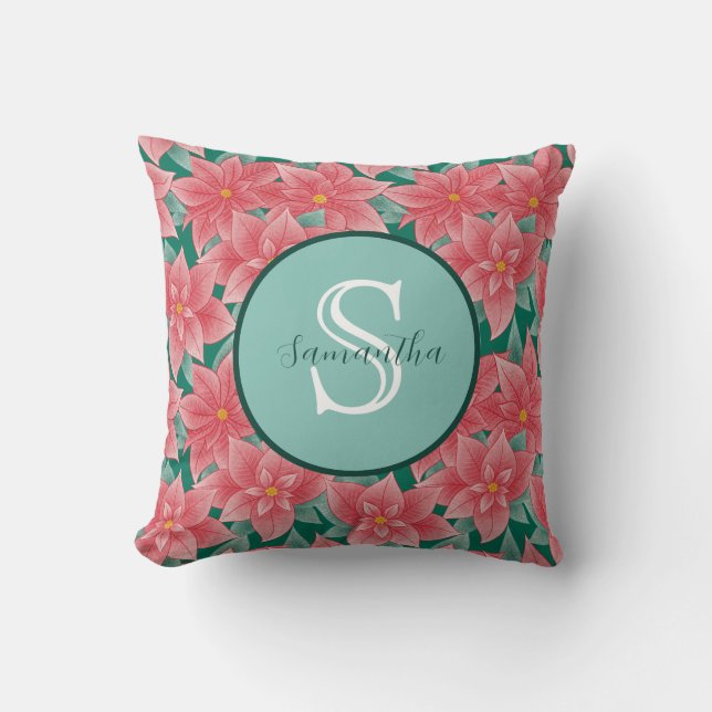 Cojín Decorativo Navidades Monograma personalizado de Poinsettia (Anverso)