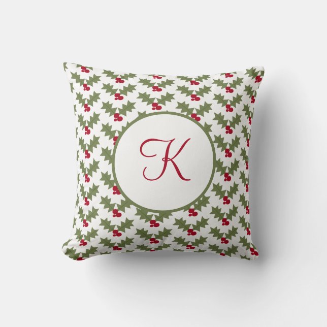 Cojín Decorativo Navidades monogramados Holly Red Berry Green Leave (Anverso)