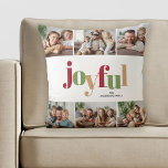 Cojín Decorativo Navidades multifoto de tipografía alegre y festiva<br><div class="desc">Este Navidad alegre lanza almohada con la palabra "alegre" que aparece en rojo vivo,  verde y dorado,  diseñada en un estilo lúdico. Esta almohada festiva ofrece fotos de 6 cuadrados y texto personalizado para que usted pueda personalizar con sus fotos y nombre favoritos.</div>