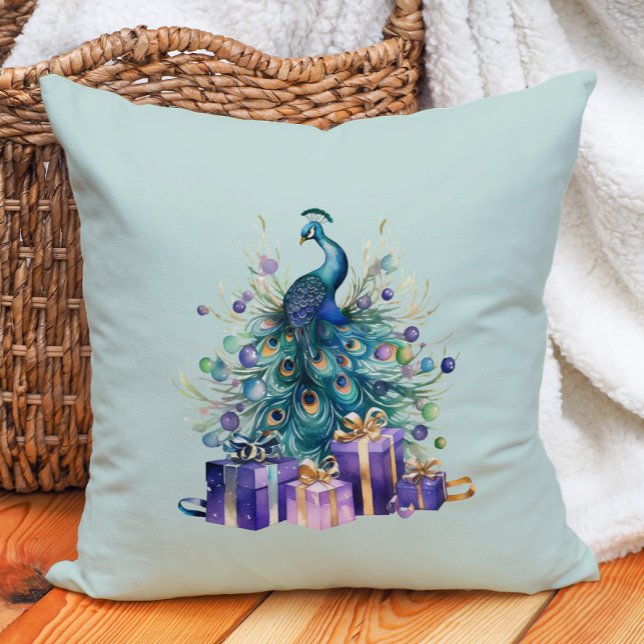Cojín Decorativo Navidades pavos reales azul morado Verde azulado (Purple and teal peacock Christmas decorator pillow.)