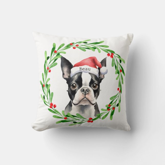 Cojín Decorativo Navidades Perro Boston Terrier Mascota de vacacion (Anverso)