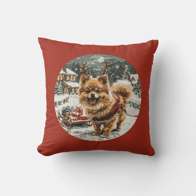 Cojín Decorativo Navidades Perro reno Pomerania (Anverso)
