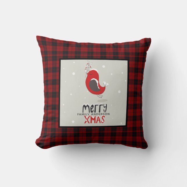 Cojín Decorativo Navidades personalizados Buffalo Plaid Cute ROBIN (Anverso)