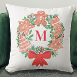 Cojín Decorativo Navidades personalizados Wreath Monograma<br><div class="desc">¡Es La Temporada De Decoración! Añade esta almohada encantadora a tu decoración festiva. Está decorado con Navidades acuáticos de galletitas de Navidad y follaje de temporada. Puede personalizar con su inicial. Acuarela original © Michele Davies.</div>