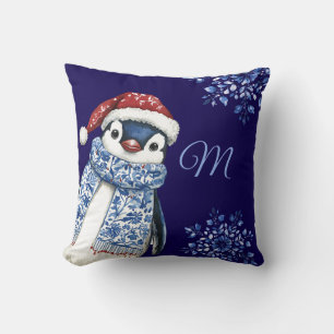 Cojín Decorativo Navidades Pingüinos de Monograma Azul