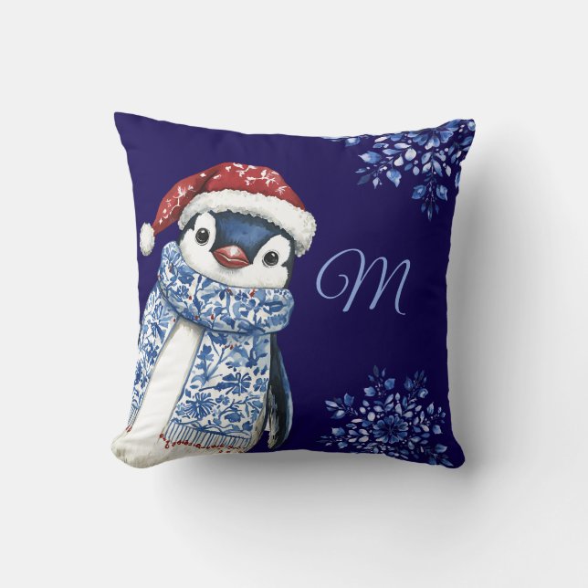Cojín Decorativo Navidades Pingüinos de Monograma Azul (Anverso)