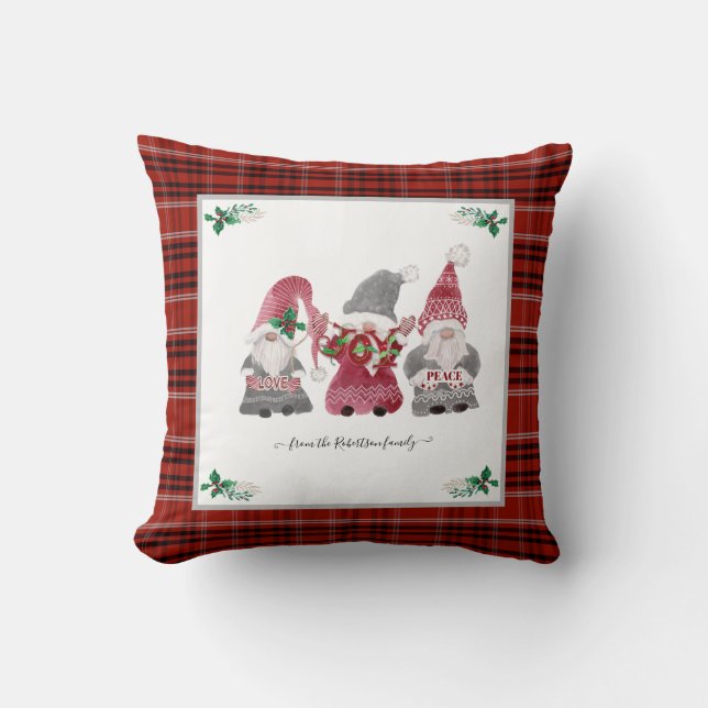 Cojín Decorativo Navidades Plaid Gnome Love Joy Peace Holly Berry (Anverso)